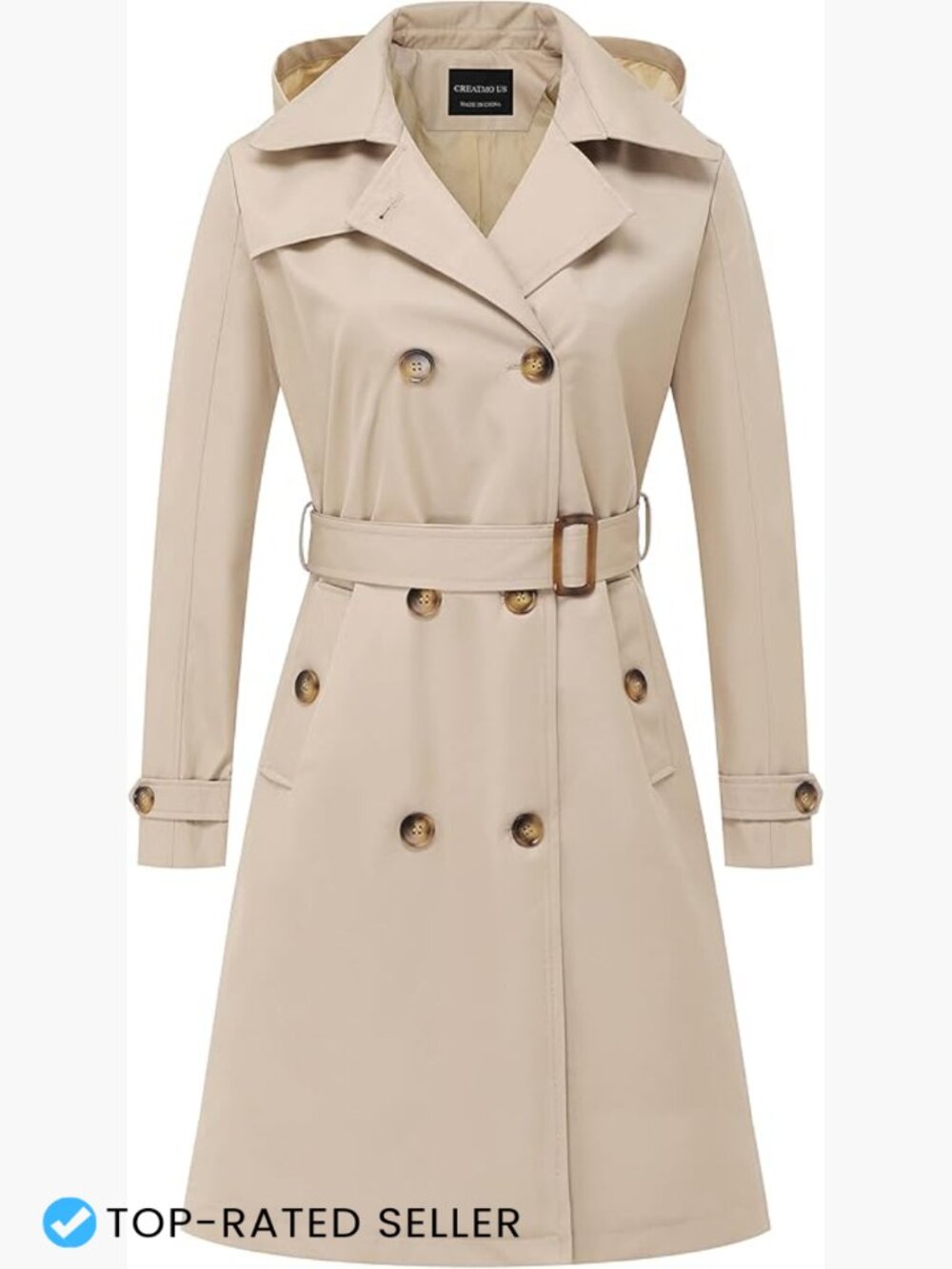 Classic Double-Breasted Trench Coat Belted Slim Fit Knee-Length Overcoat with